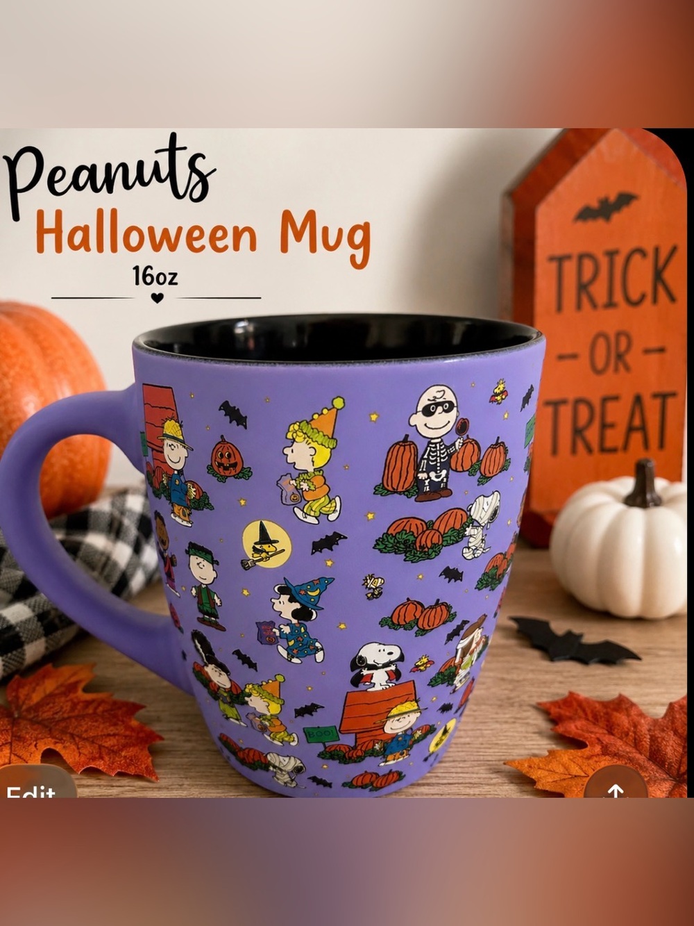 peanuts Snoopy Halloween Mug Purple Pumpkin Charlie Brown Ceramic Coffee Cup